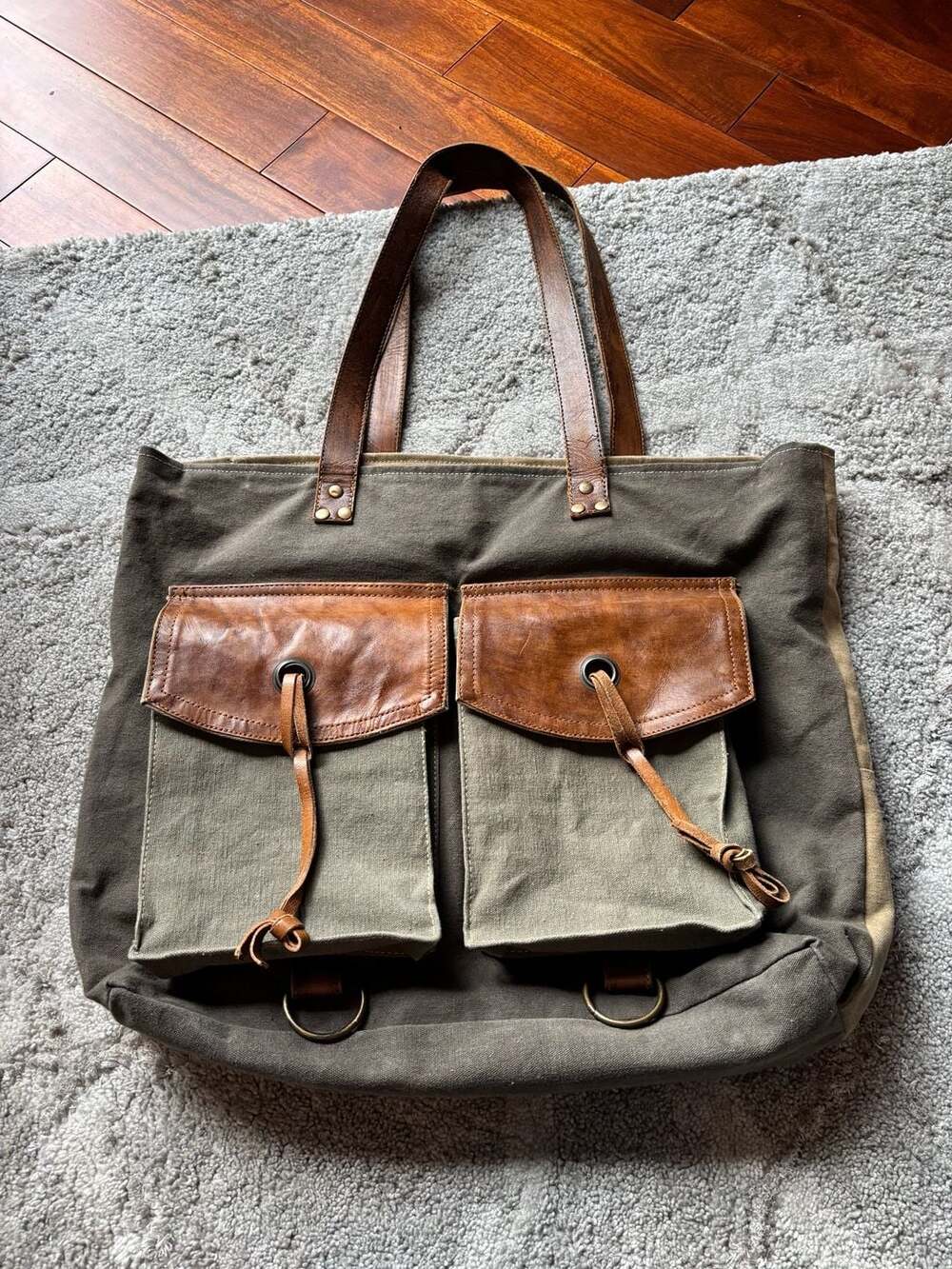 Mona B Canvas Tote Bag Green Brown Leather Trim